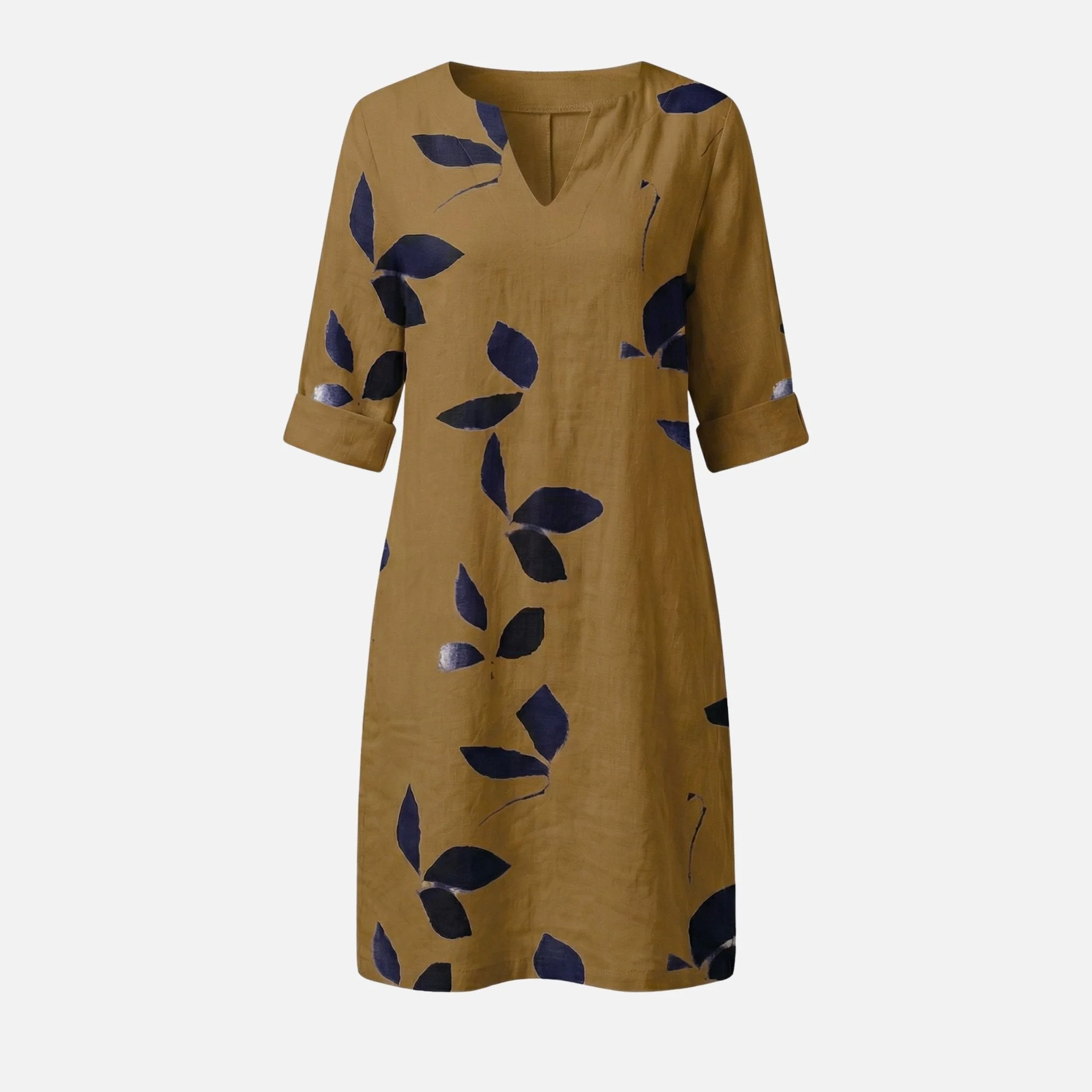 Ingeborg | Damen Midikleid V-Ausschnitt 3/4-Ärmel Blättermuster – Blätter Midi Kleid - Image 8