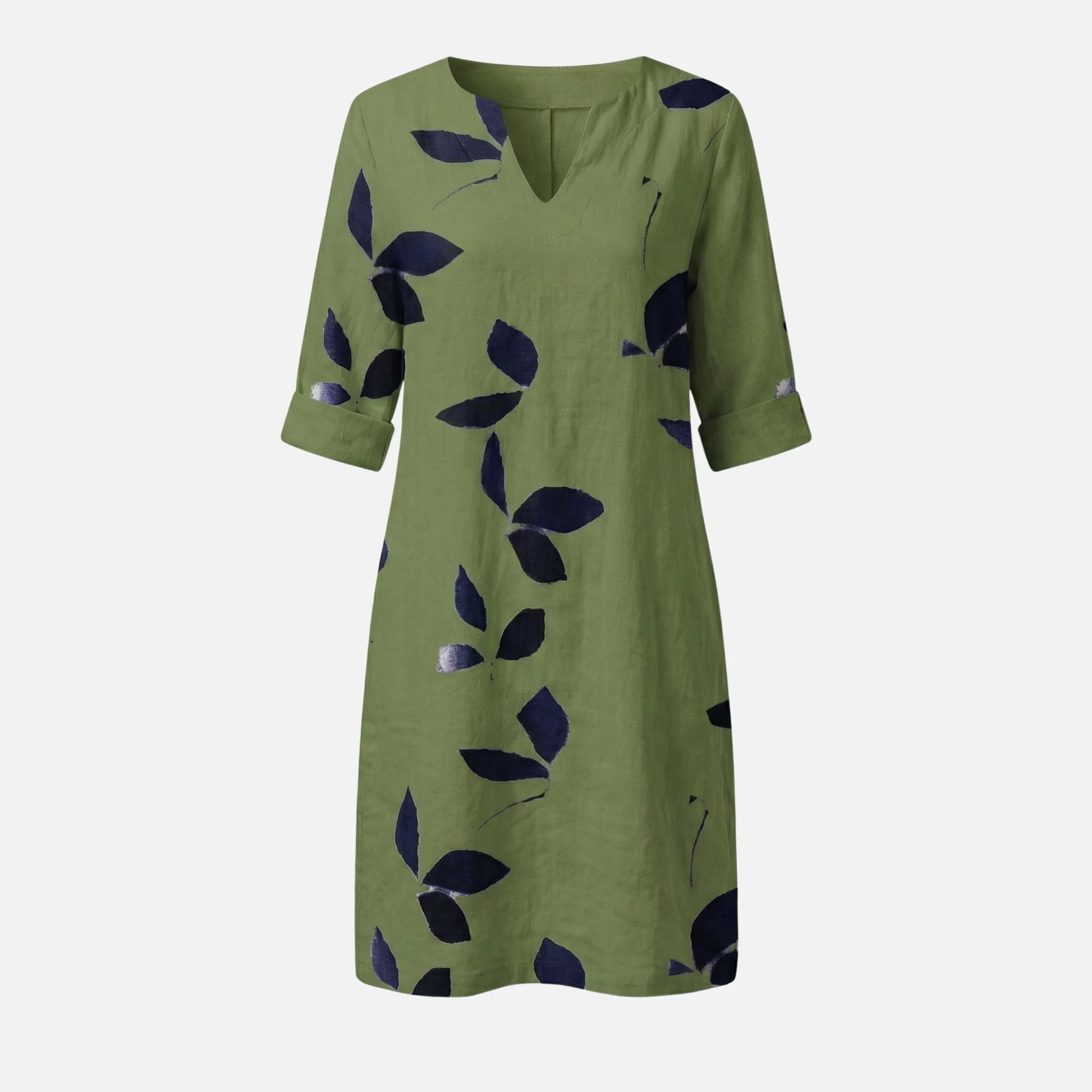 Ingeborg | Damen Midikleid V-Ausschnitt 3/4-Ärmel Blättermuster – Blätter Midi Kleid - Image 9