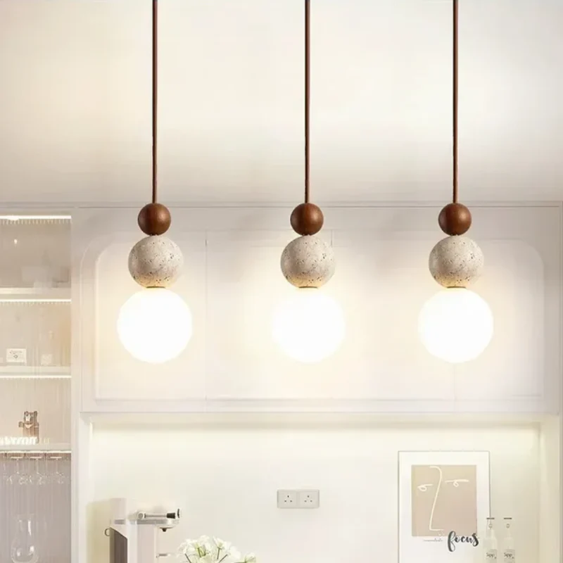Moderne Pendelleuchte aus Travertin und Mahagoni – Hängelampe für Esszimmer, Wohnzimmer und Küche - Image 2