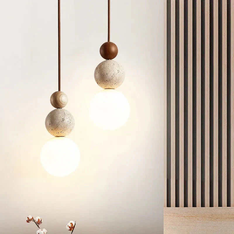 Moderne Pendelleuchte aus Travertin und Mahagoni – Hängelampe für Esszimmer, Wohnzimmer und Küche - Image 4