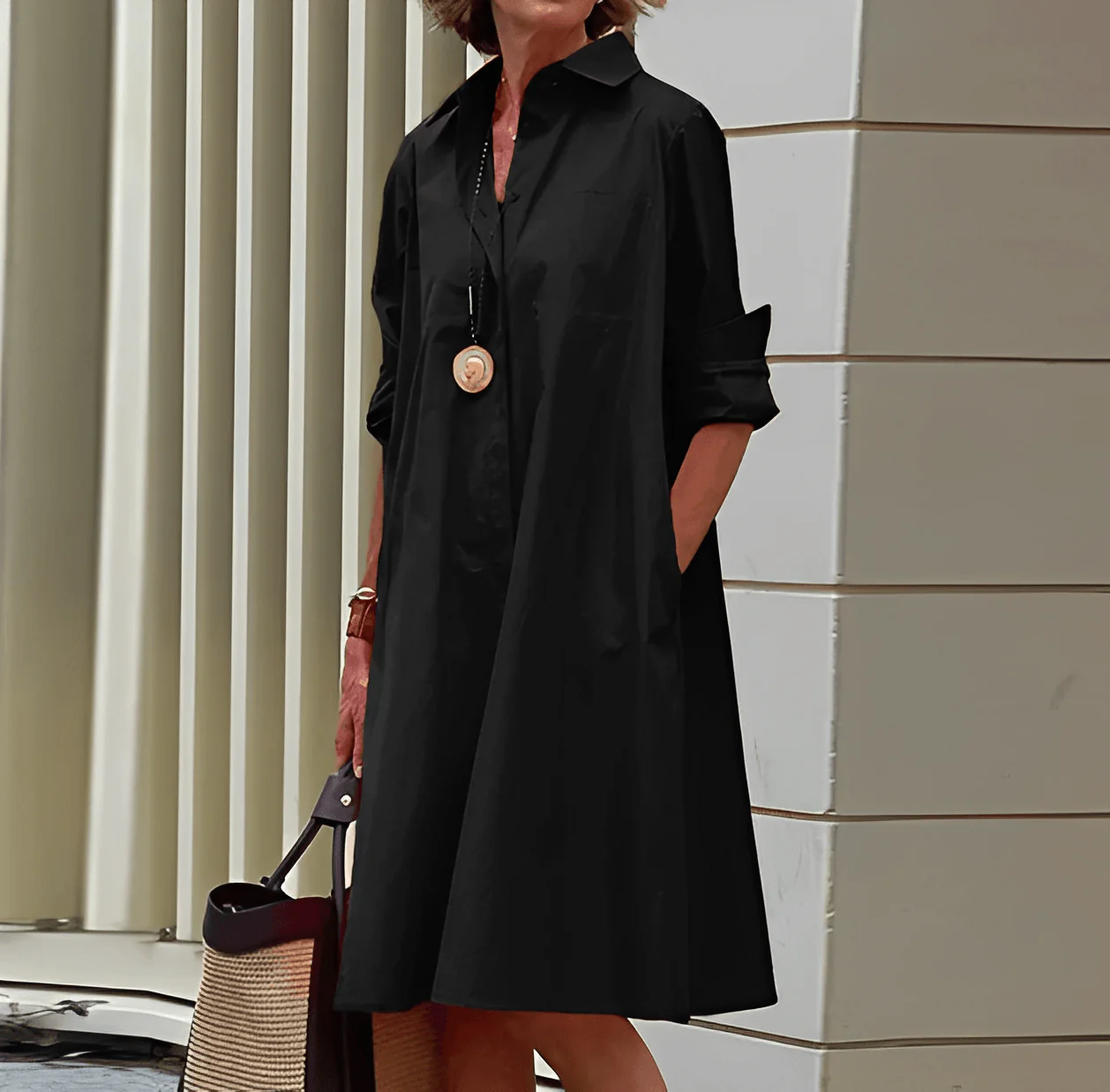 Modernes hemdblusenkleid mit umlegekragen & dreiviertelärmel - Image 7