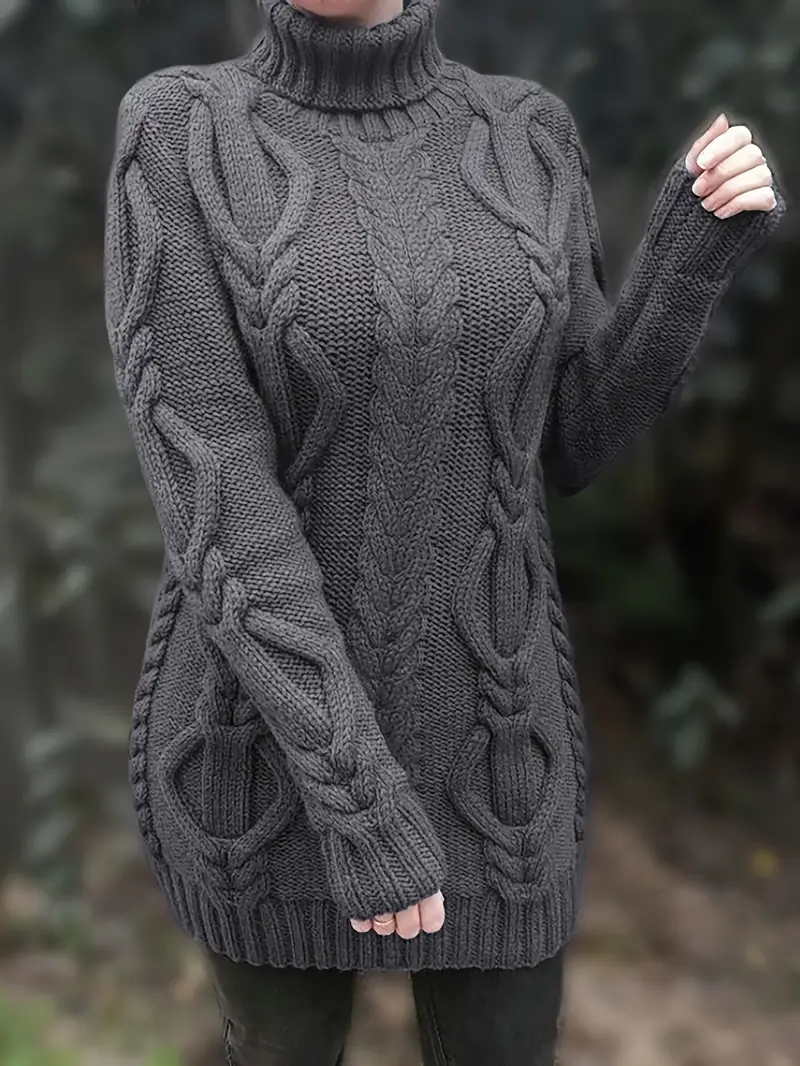 Narda - Klobig Kabel Gestrickt Rollkragen Kleid - Image 38
