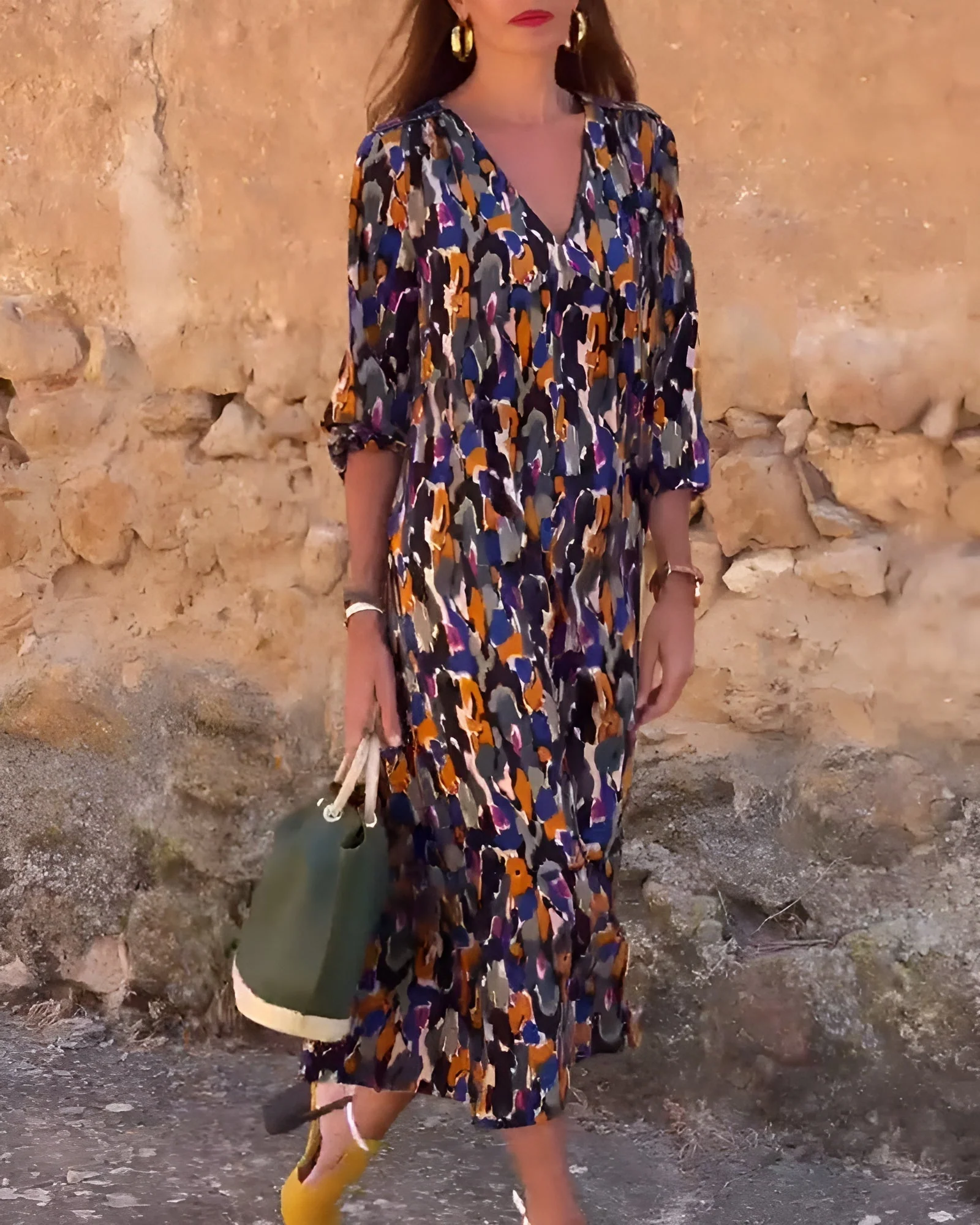 Nathalie™ | Elegantes Retro-Print-Kleid mit V-Ausschnitt