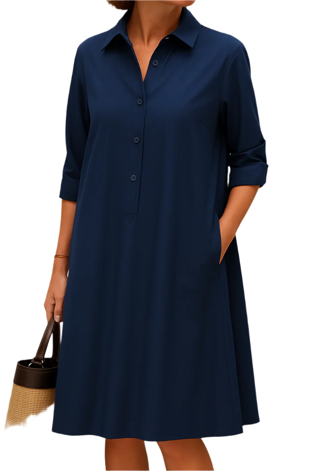 NavyEase Mittellange Hemdblusenkleid – Lässiger Chic mit Teilweiser Knopföffnung vorne