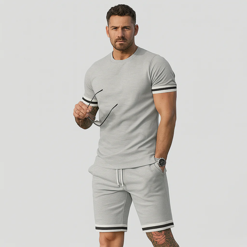 Neues lässiges 2-teiliges Herren-Set – Kurzarm-T-Shirt mit Rundhalsausschnitt und Shorts mit Kordelzug in Unifarbe - Image 2