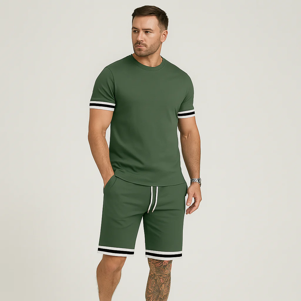 Neues lässiges 2-teiliges Herren-Set – Kurzarm-T-Shirt mit Rundhalsausschnitt und Shorts mit Kordelzug in Unifarbe - Image 3