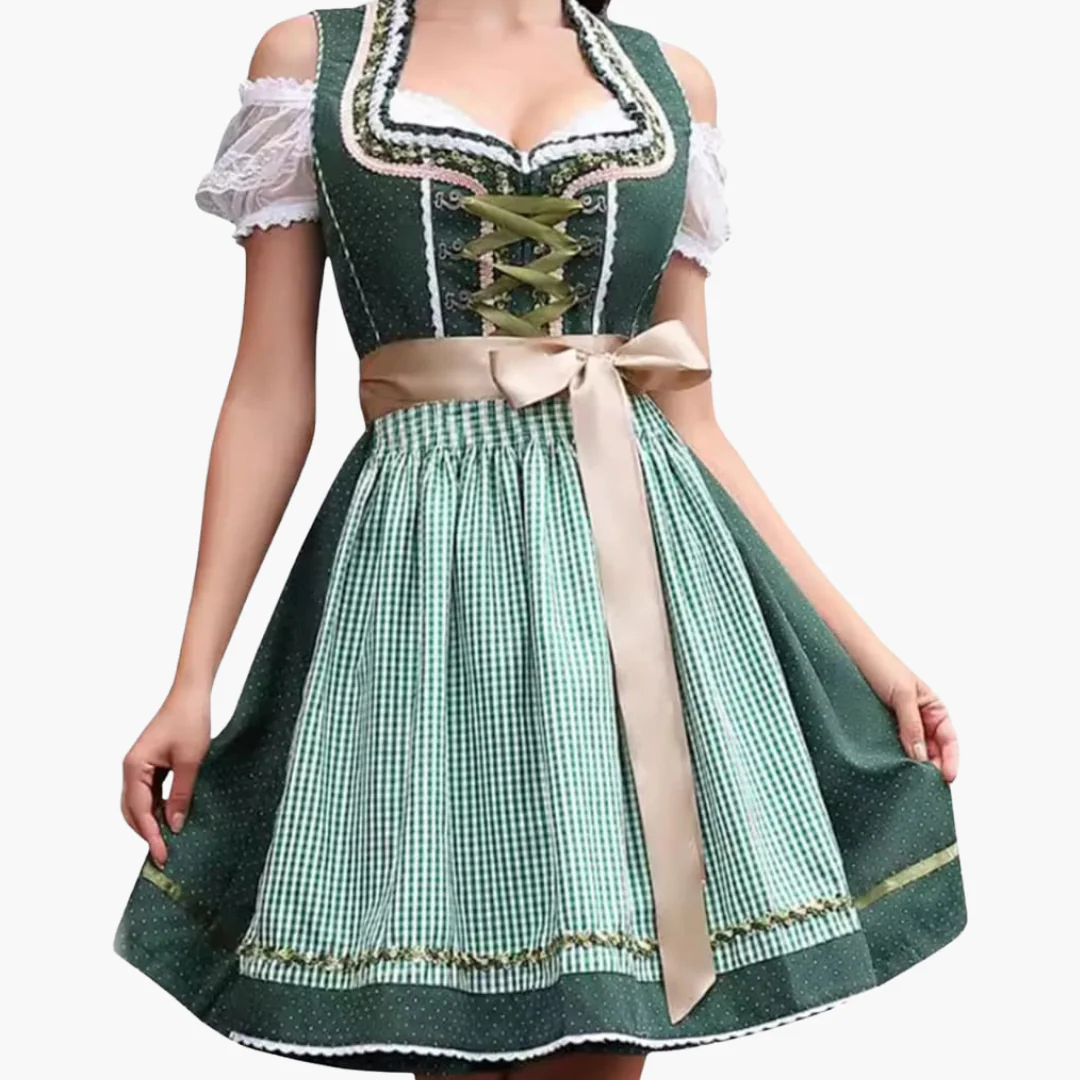 Oktoberfest Dirndl 2025 mit Spitzenbesatz und Karoschürze für Damen - Image 3