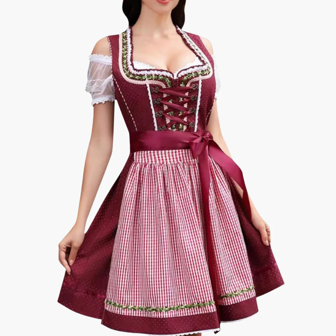 Oktoberfest Dirndl 2025 mit Spitzenbesatz und Karoschürze für Damen - Image 4