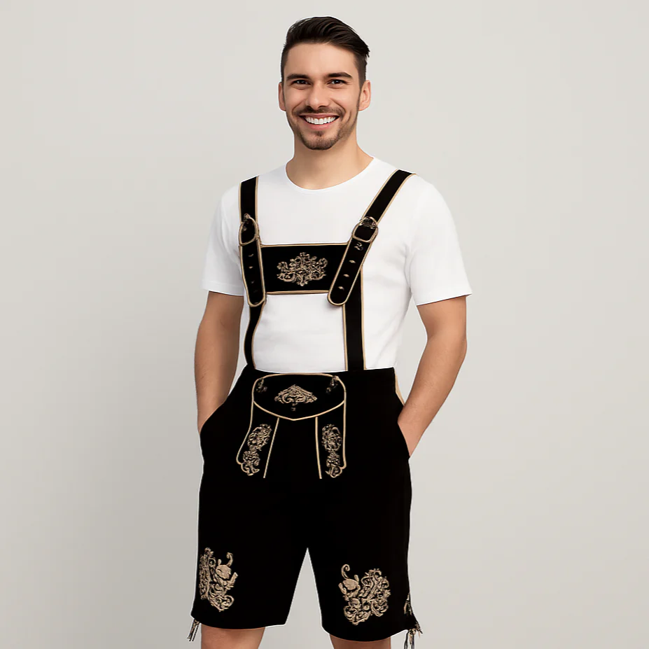 Oktoberfest Lederhose Herren – Bestickte Kurzhose in Braun mit Hosenträgern - Image 2