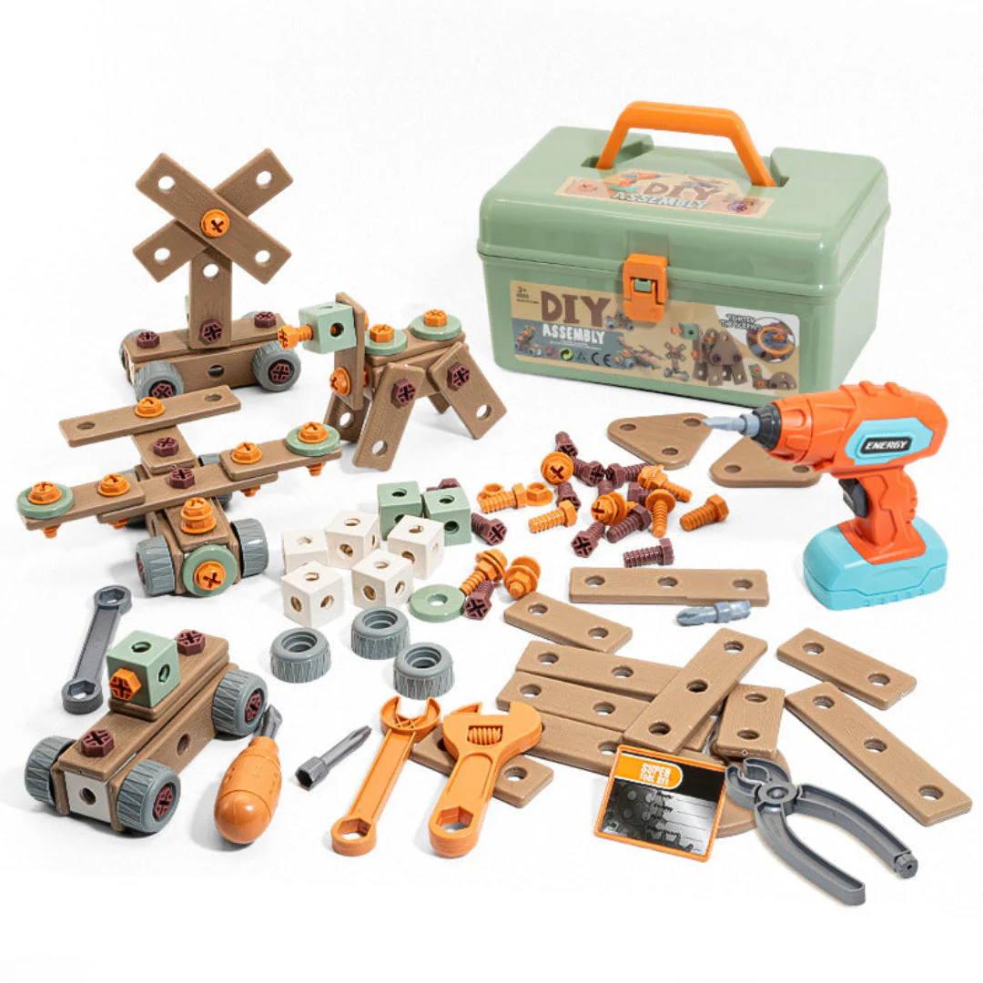 Pädagogisches Bauwerkzeug-Set für Kinder – Sicherer Spielzeug-Werkzeugkasten mit Hammer, Schraubenzieher und mehr für Kinder ab 3 Jahren