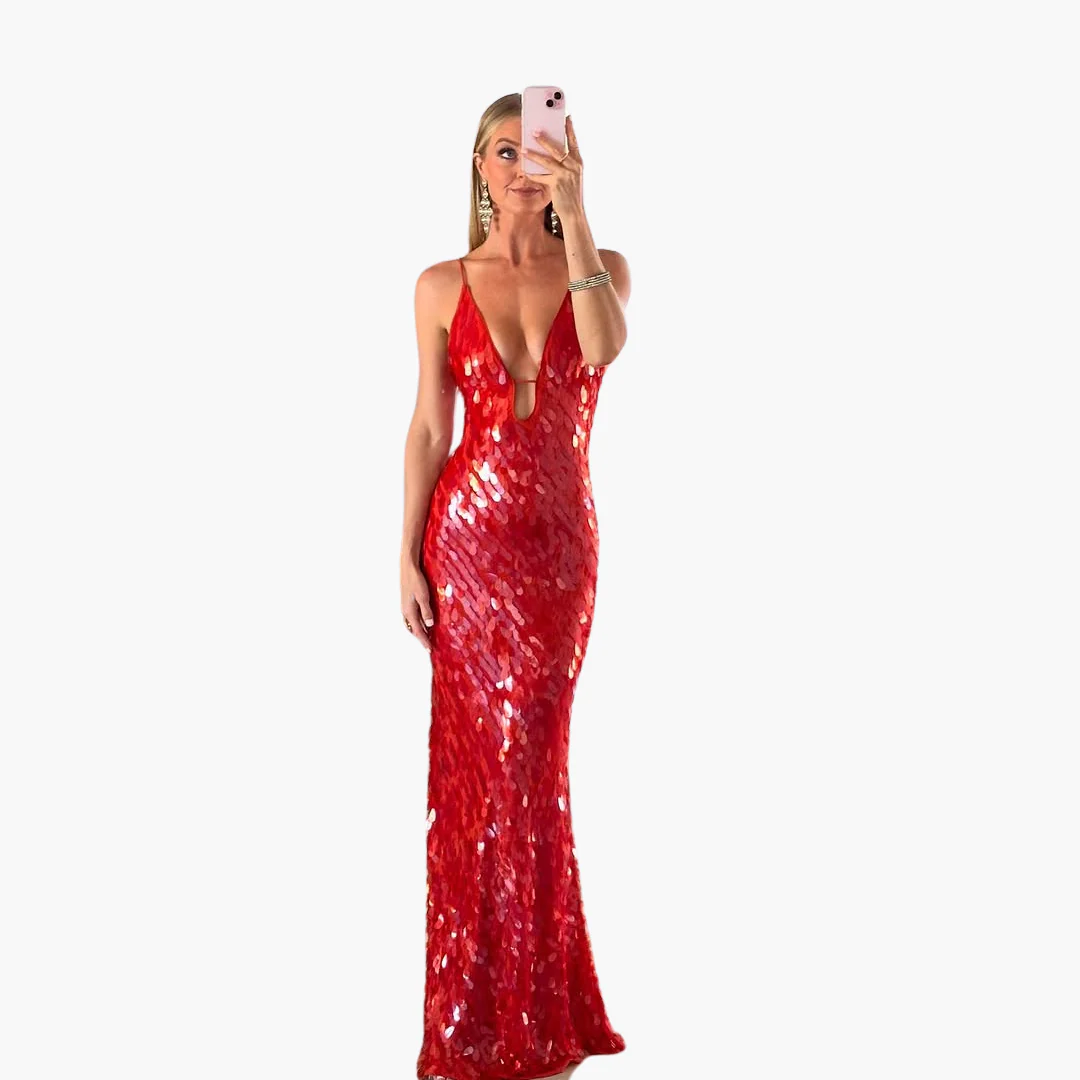 Pailletten Abendkleid für Damen - Maxi mit V-Ausschnitt - Image 3