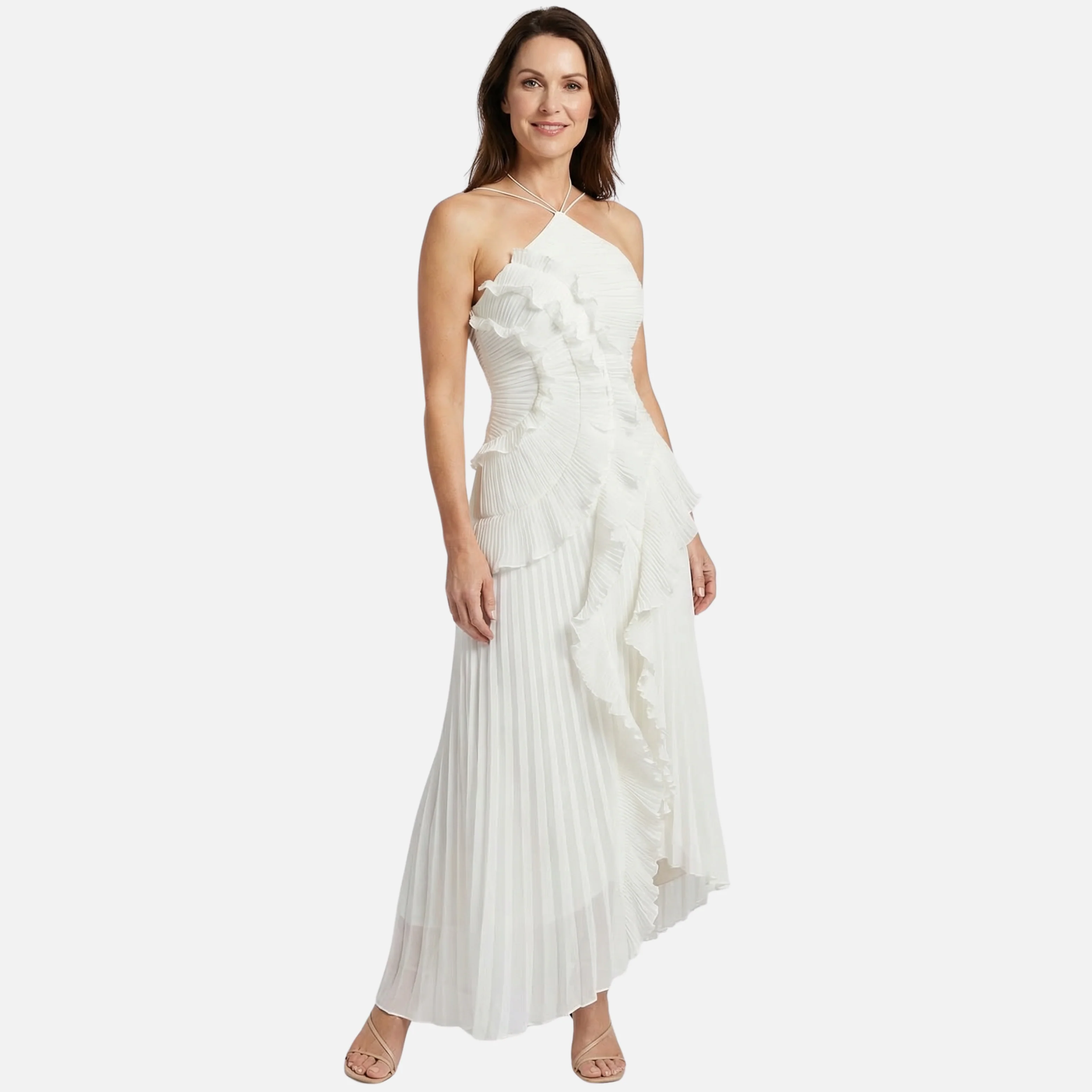 Frauke | Damen Plissee Chiffon Maxikleid Neckholder Rüschen – Plissee Maxi Rüschen