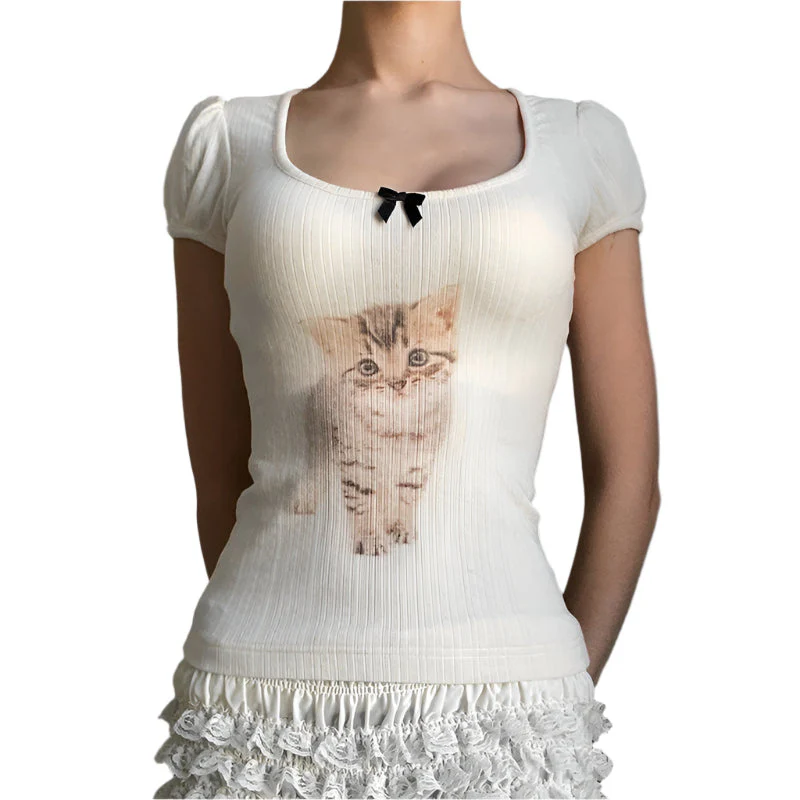 PuffMeow Puffärmel Katzenprint Top mit Schleifendetail - Image 6