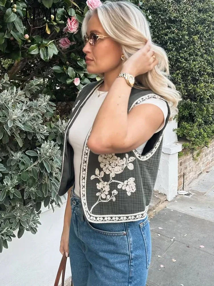 Retro Cropped Cardigan Weste mit Kontraststickerei