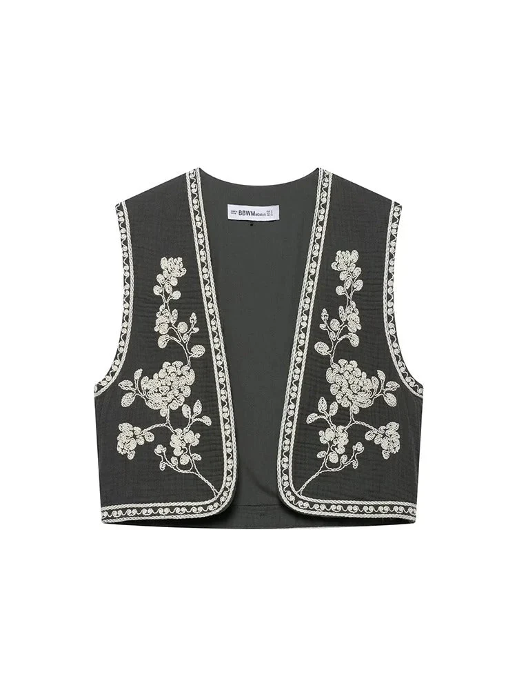 Retro Cropped Cardigan Weste mit Kontraststickerei - Image 2