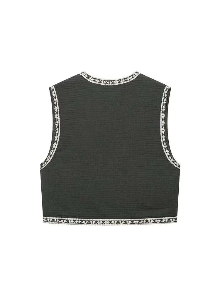 Retro Cropped Cardigan Weste mit Kontraststickerei - Image 3