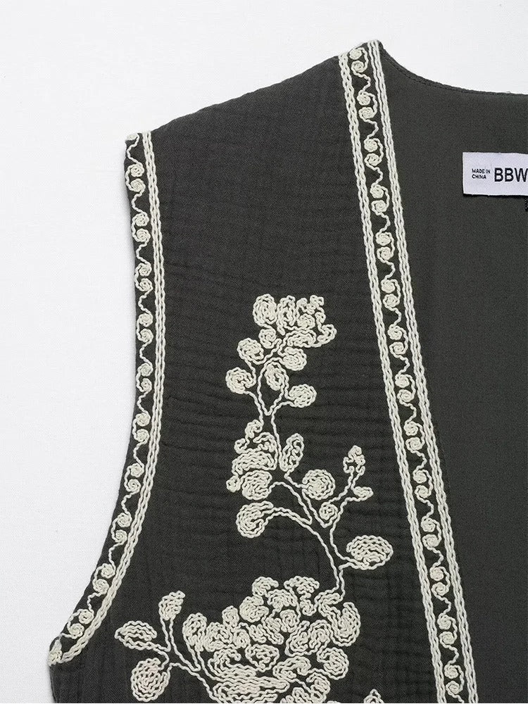 Retro Cropped Cardigan Weste mit Kontraststickerei - Image 4