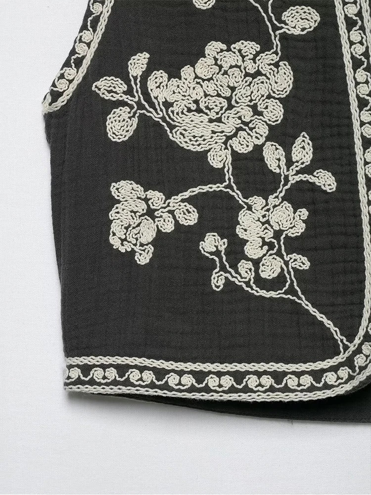 Retro Cropped Cardigan Weste mit Kontraststickerei - Image 5
