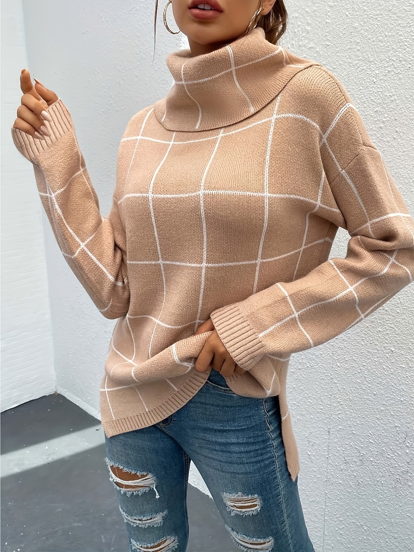 Rollkragenpullover mit Karomuster Pullover mit gestricktem Oberteil - Image 10