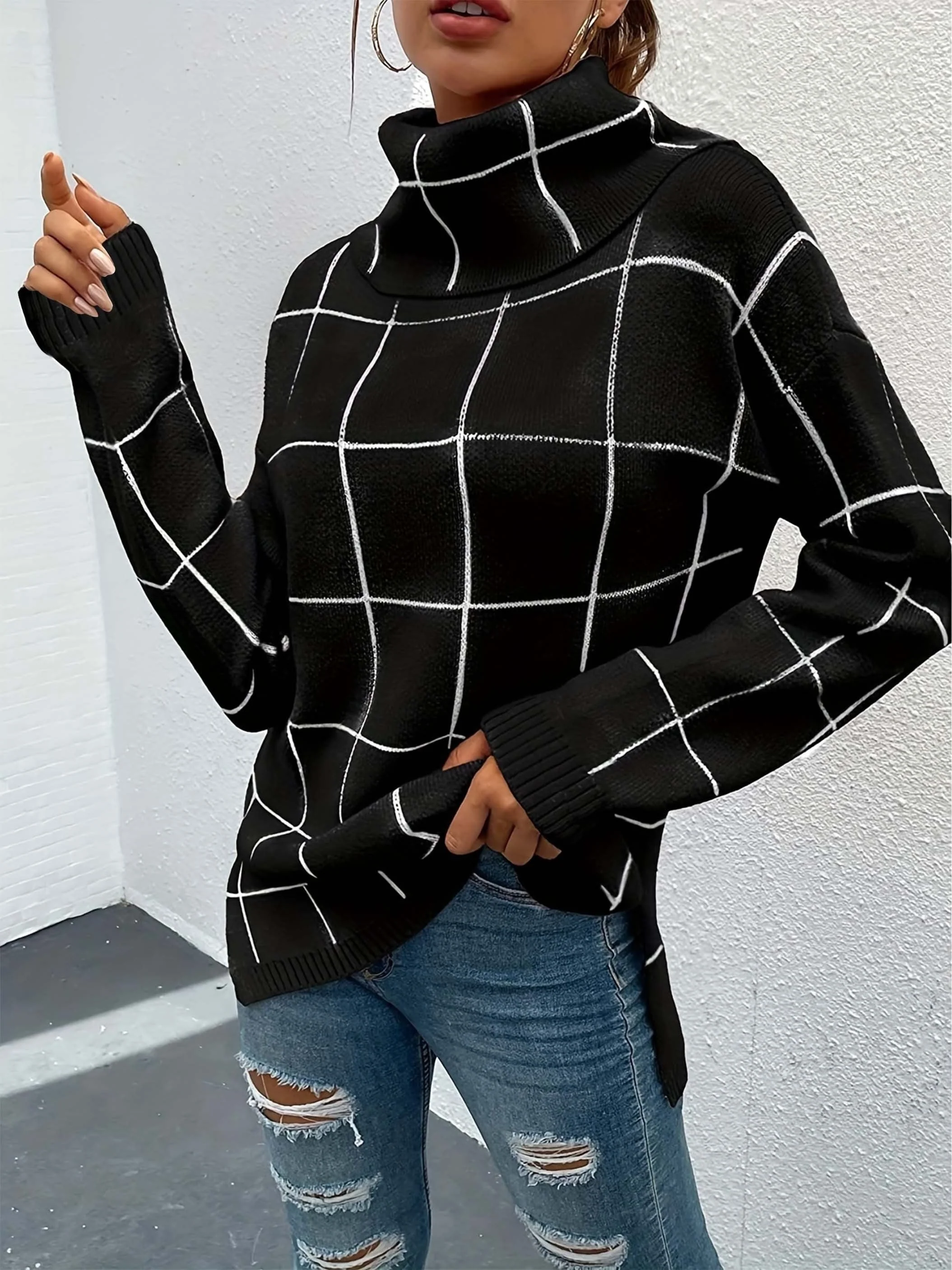 Rollkragenpullover mit Karomuster Pullover mit gestricktem Oberteil - Image 9