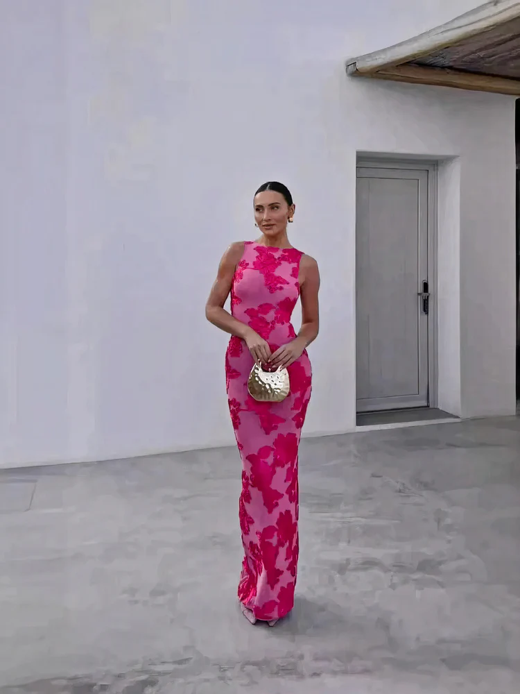 Rosa geblümtes Damen Bodycon Abendkleid | Maxi - Image 4