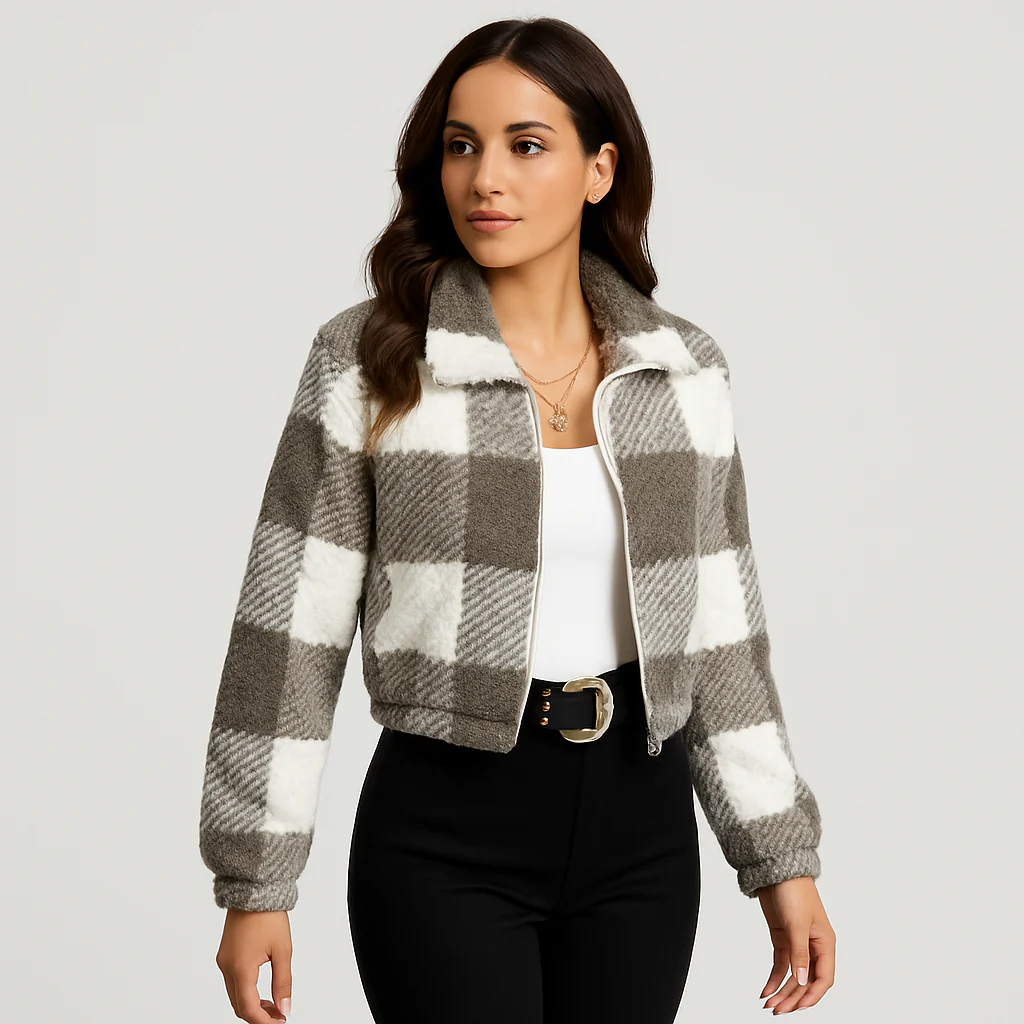 Sabine | Damen Kariertes Teddy-Fleecejacke mit Reißverschluss und Langarm - Image 3