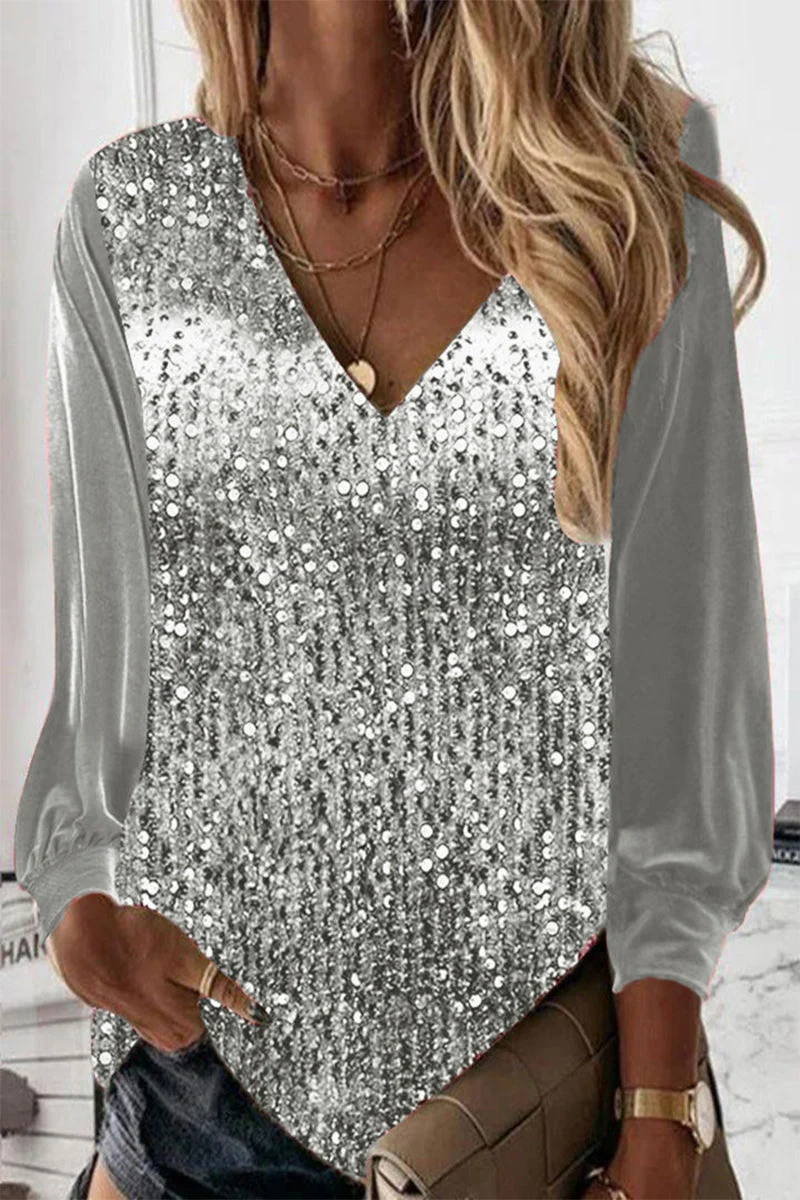 Sara | Paillettenbluse mit langen Ärmeln und V Ausschnitt - Image 2