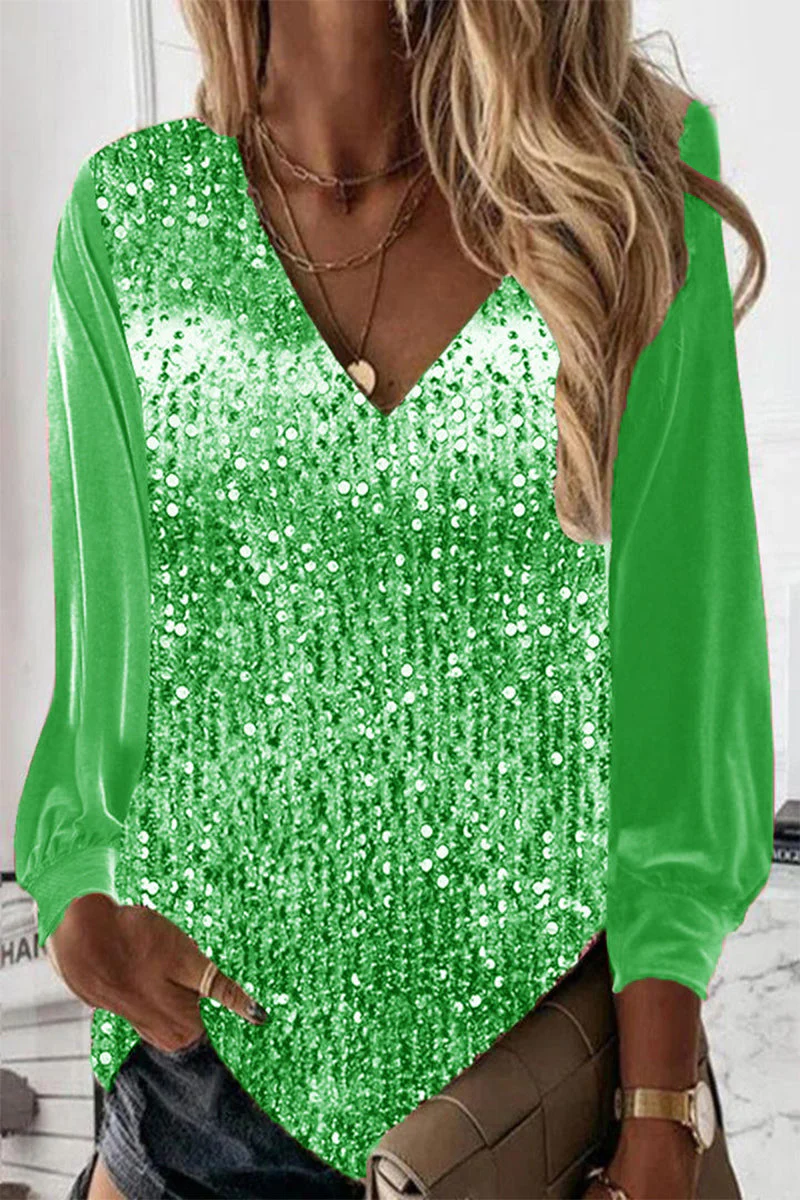Sara | Paillettenbluse mit langen Ärmeln und V Ausschnitt - Image 4