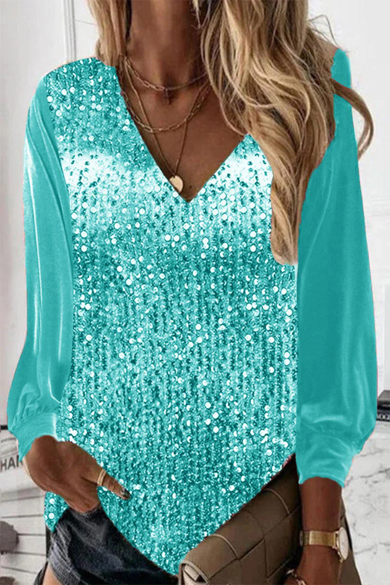 Sara | Paillettenbluse mit langen Ärmeln und V Ausschnitt - Image 5