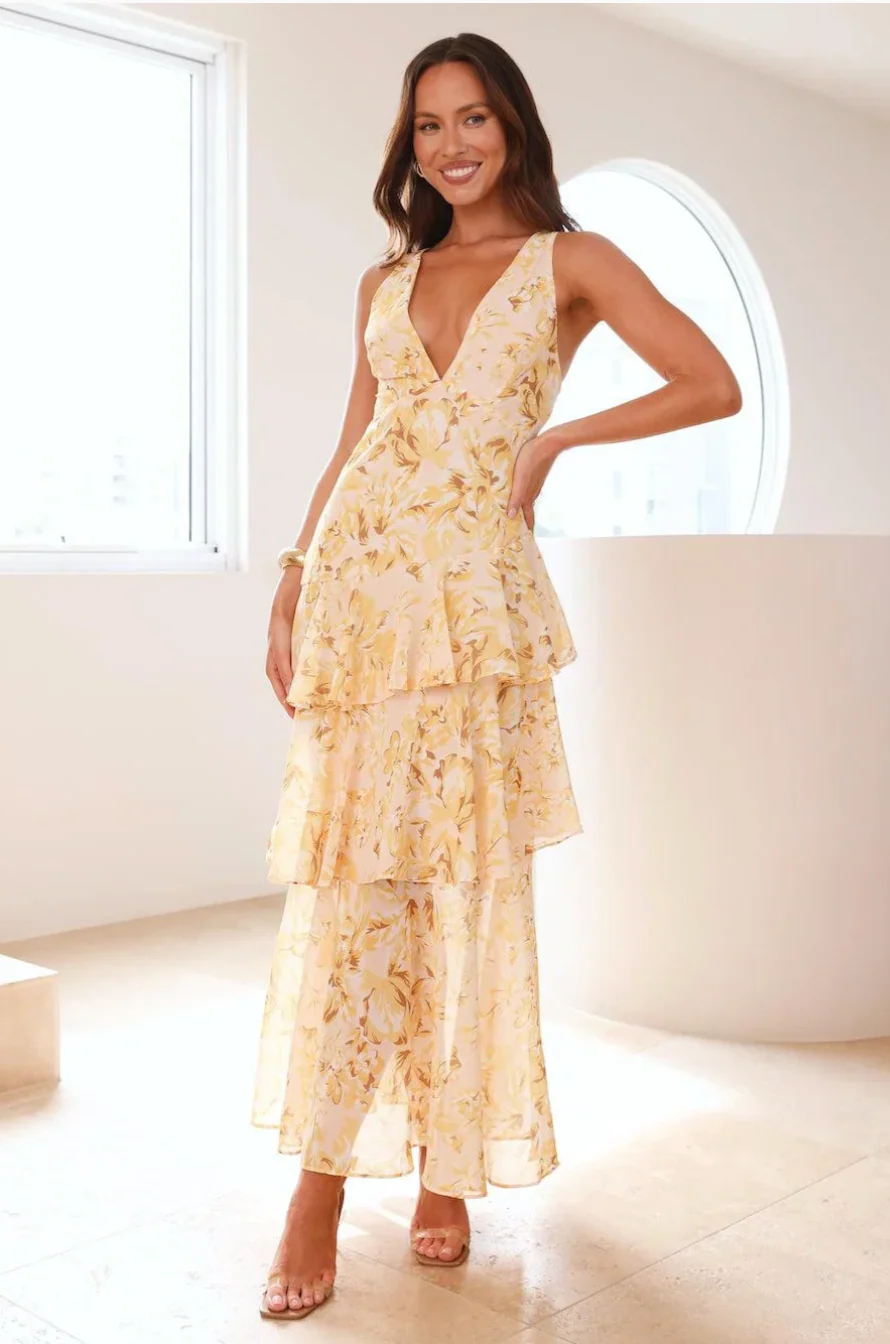 Sarah | Langes Kleid mit V-Ausschnitt und Volants Blume - Image 8