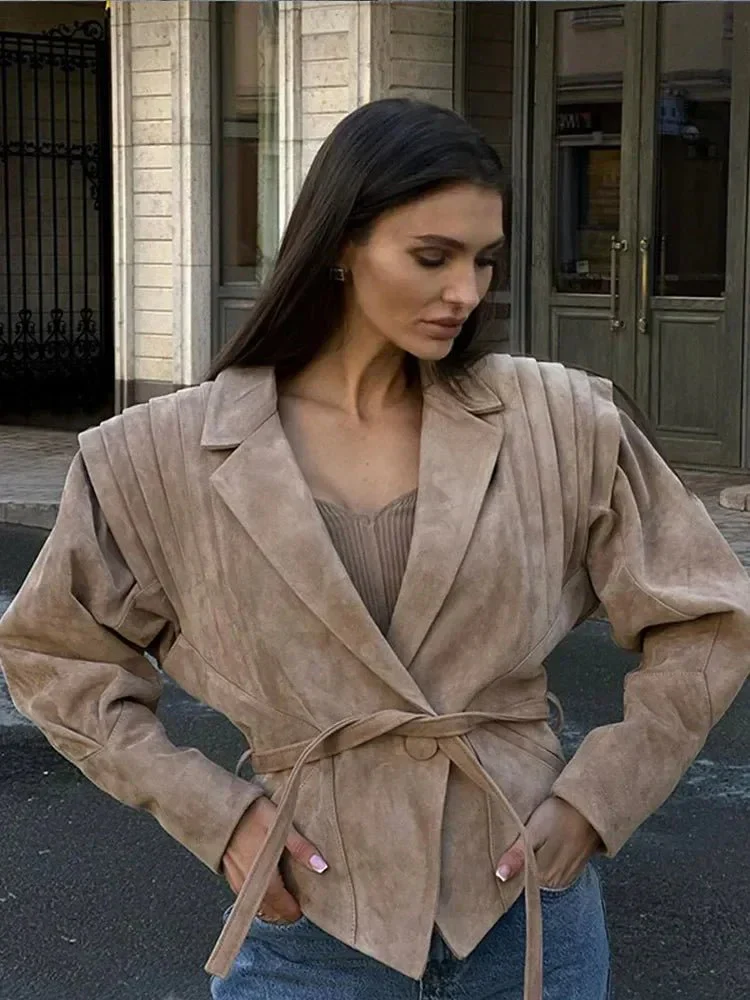 Selena | Damen  V-Ausschnitt Langarm Wildlederjacke - Image 3
