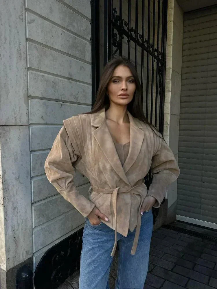 Selena | Damen  V-Ausschnitt Langarm Wildlederjacke - Image 5