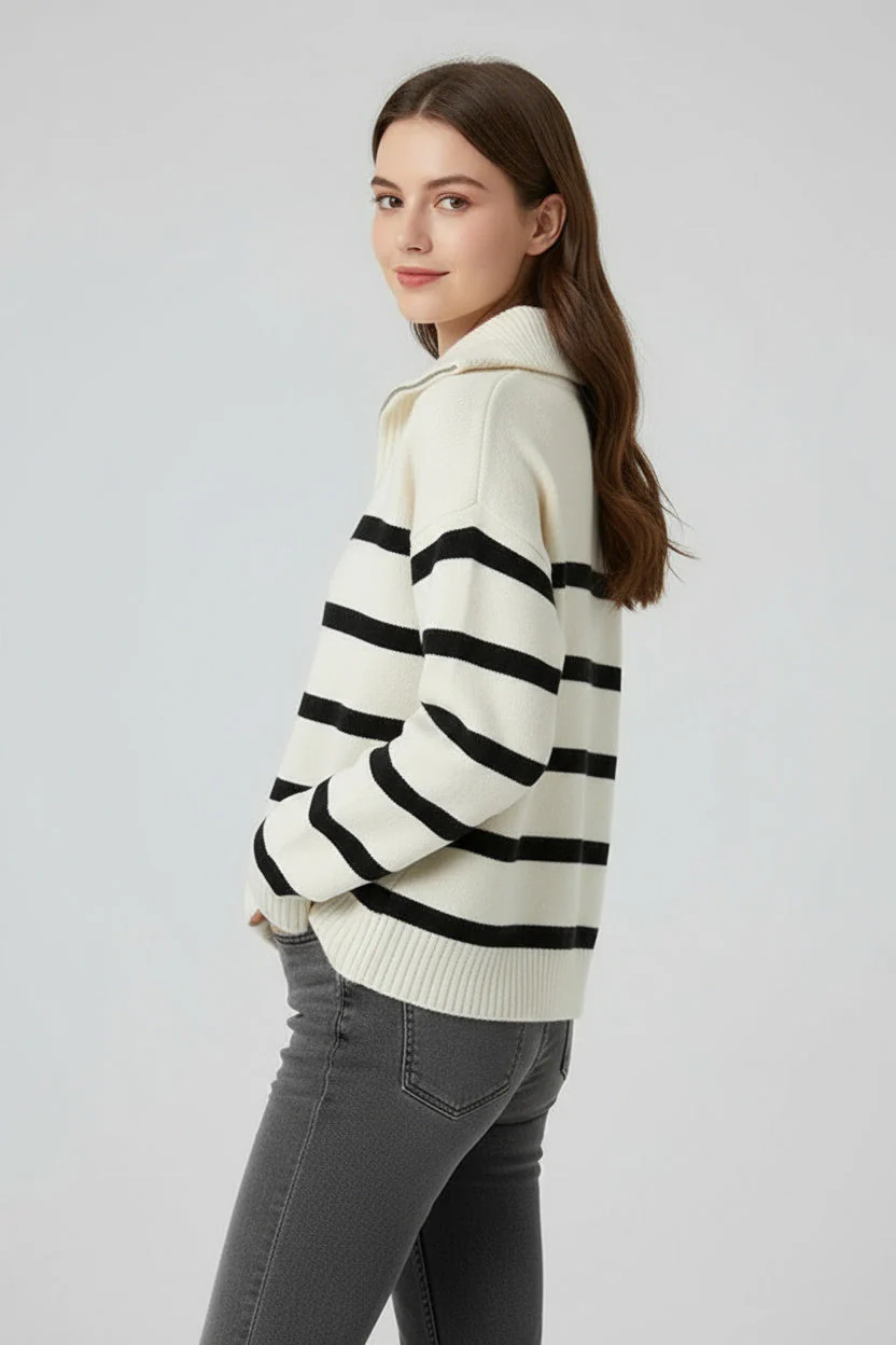 Selma | Damen Strickpullover Mit Reißverschluss Und Streifen - Image 2