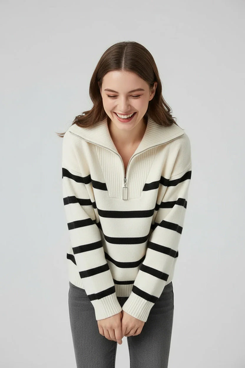 Selma | Damen Strickpullover Mit Reißverschluss Und Streifen - Image 3