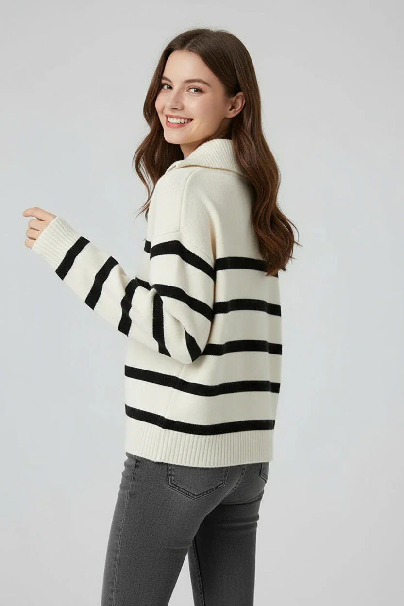 Selma | Damen Strickpullover Mit Reißverschluss Und Streifen - Image 4