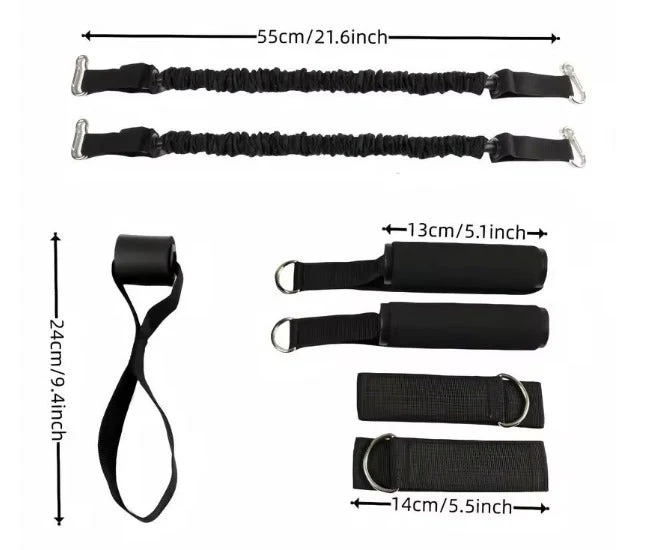 Set mit Armdehnübungen und Planks inklusive Griffen, elastischen Bändern und Zubehör – ideal für Brust- und Bauchmuskeltraining
