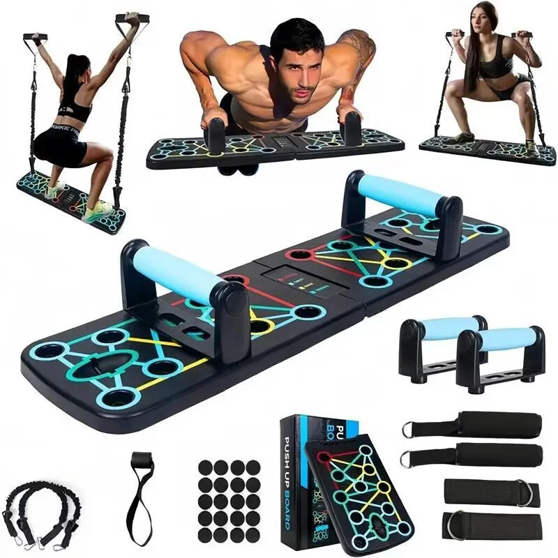 Set mit Armdehnübungen und Planks inklusive Griffen, elastischen Bändern und Zubehör – ideal für Brust- und Bauchmuskeltraining - Image 3