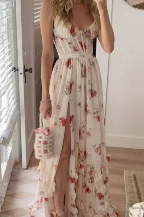 SIMGE - LANGES BLUMENKLEID MIT SCHLITZ