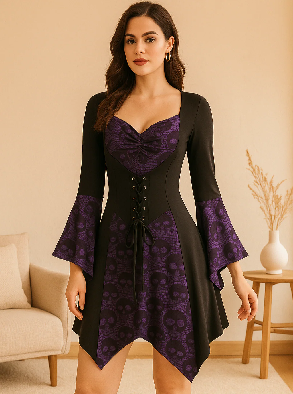 SkullLace Gothic Bluse – Damenbluse mit Totenkopf-Print & Taillenschnürung - Image 2