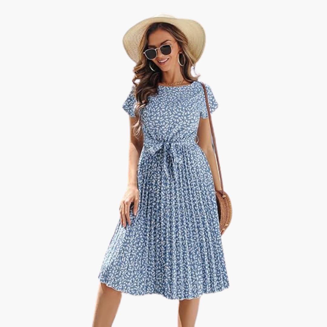 Sommerkleid Damen - Blumenkleid mit Gürtel und Kurzarm - Image 11