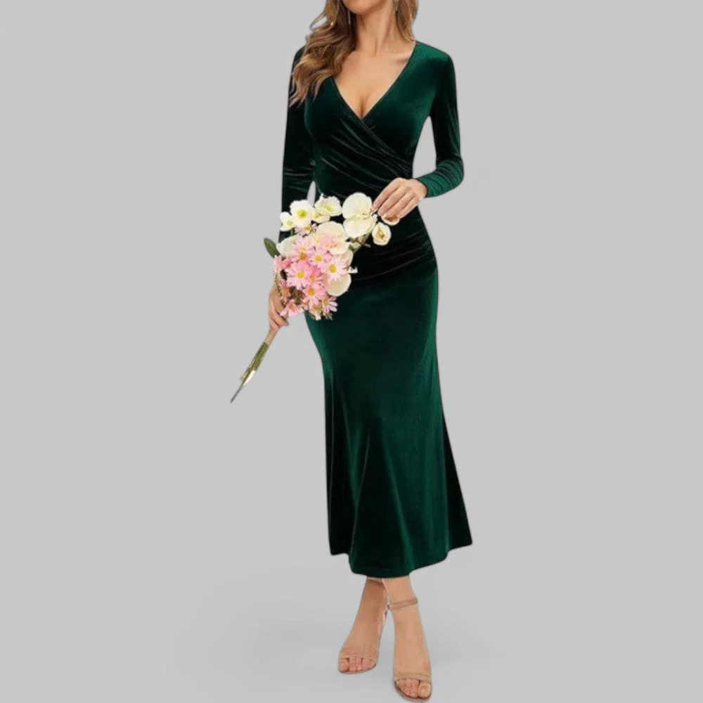 Sophia | Samtiges langen Ärmeln V Ausschnitt Maxikleid - Image 2