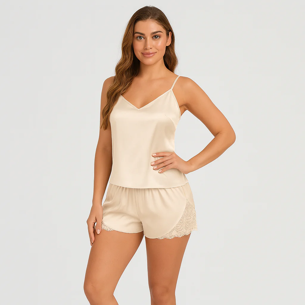 Stilvolles Satin-Pyjama-Set für Damen – mit elegantem Spitzenbesatz in Kontrastfarbe