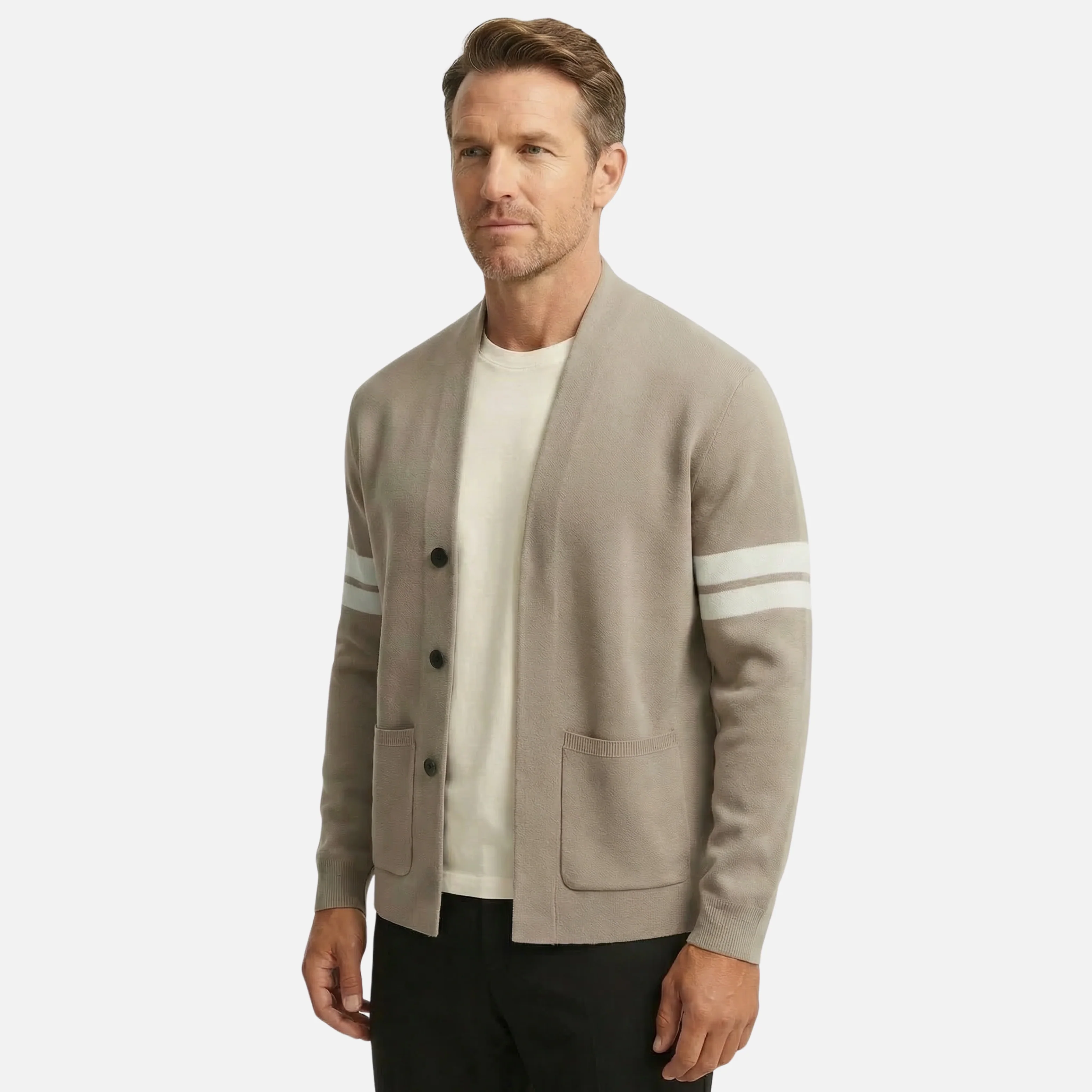 Erik | Herren Strick-Cardigan Gestreifte Ärmel Moderne Passform – Streifen Cardigan - Image 2