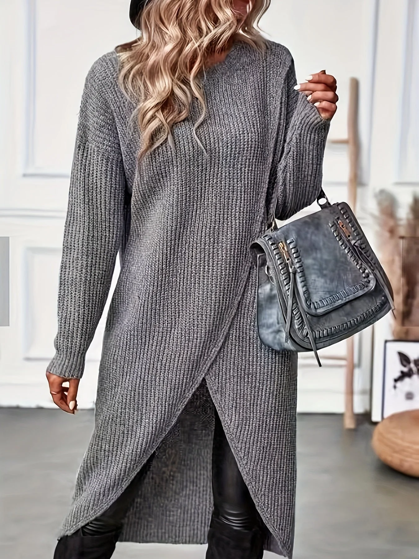 Strickkleid Damen Asymmetrisch | Langarm für Herbst und Winter - Image 2