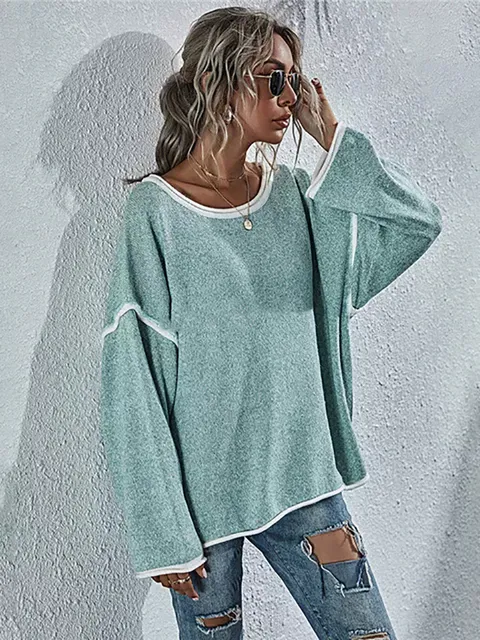 Strickpullover mit übergroßem Rundhalsausschnitt und Kontrastbesatz - Image 11