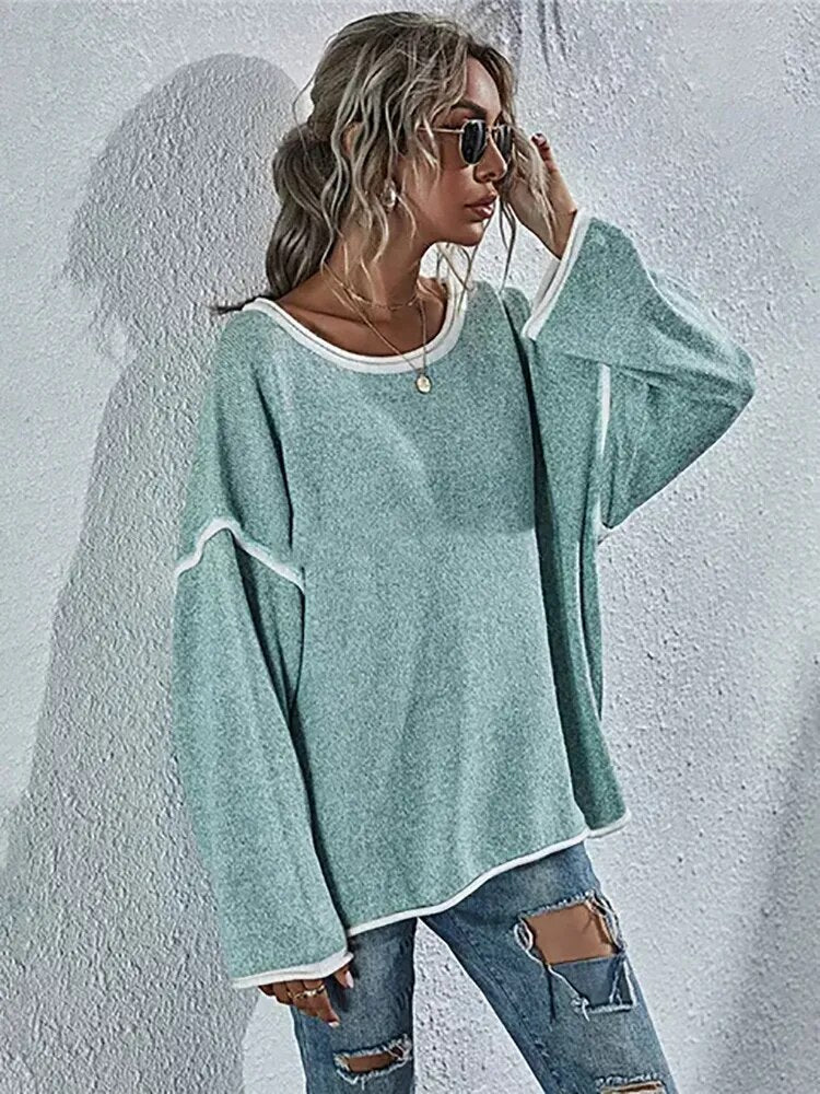 Strickpullover mit übergroßem Rundhalsausschnitt und Kontrastbesatz - Image 6