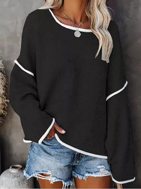 Strickpullover mit übergroßem Rundhalsausschnitt und Kontrastbesatz - Image 7