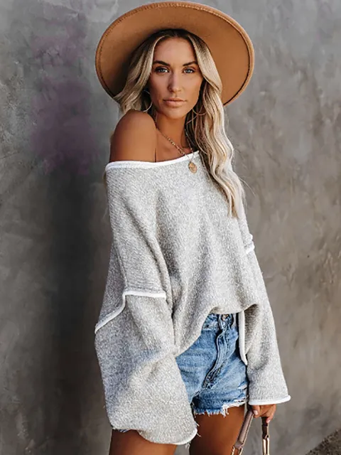 Strickpullover mit übergroßem Rundhalsausschnitt und Kontrastbesatz - Image 9