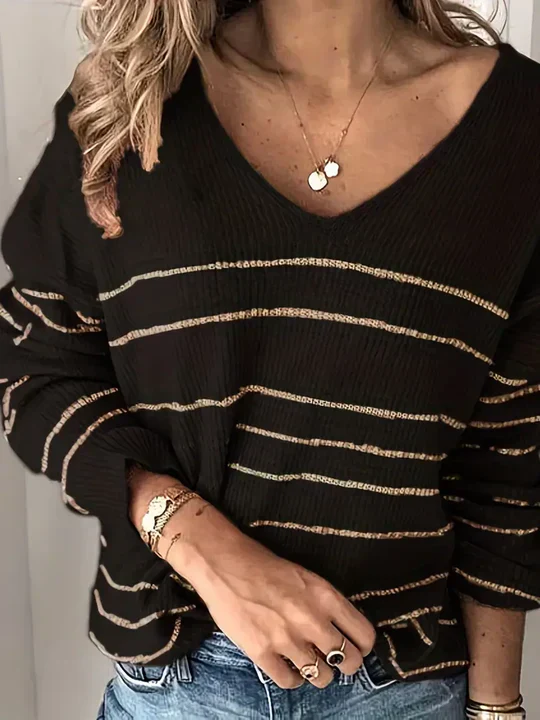 StripeStyle - gestreiftes muster v-ausschnitt pullover - Image 2
