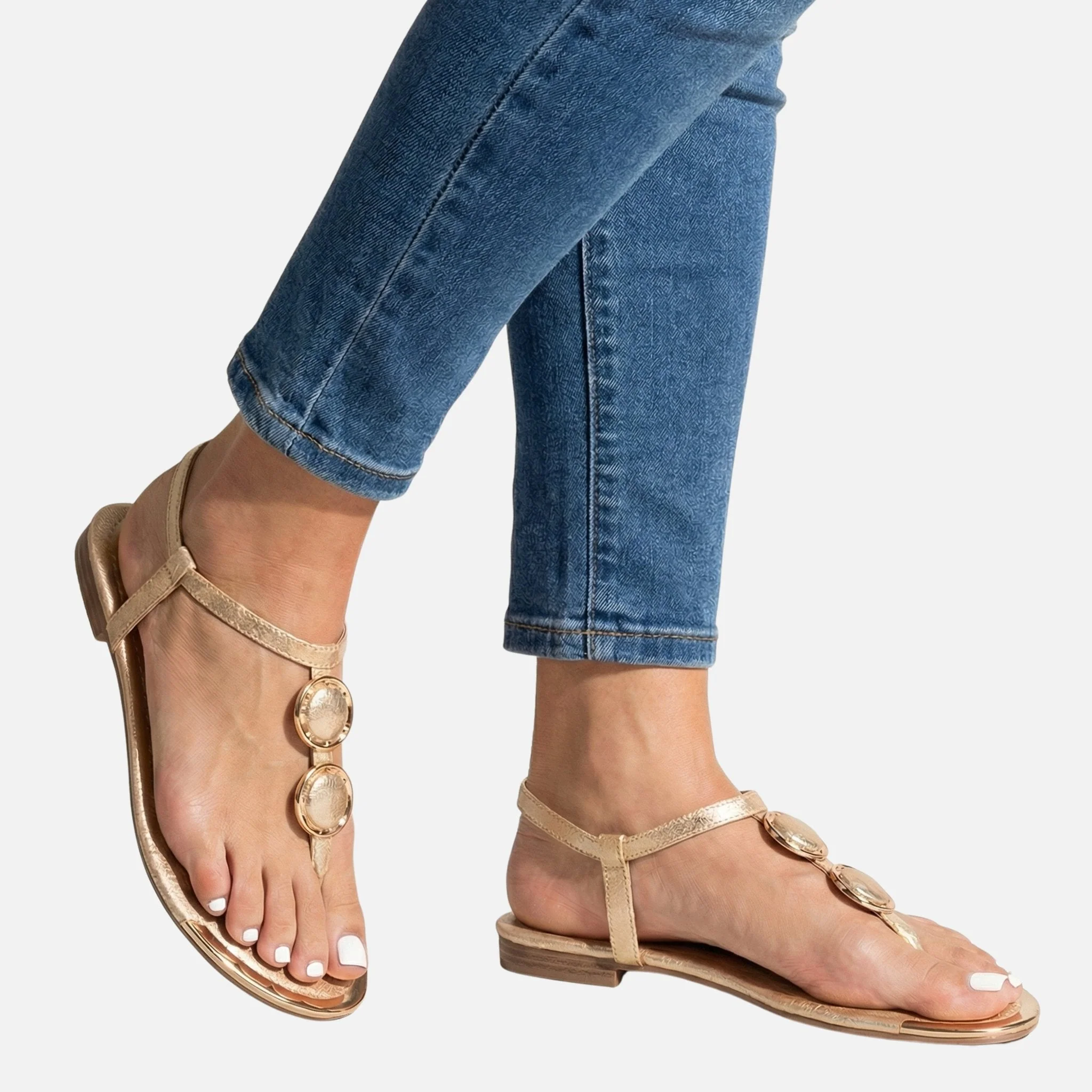 Lena | Damen Strukturierte T-Riemen Sandalen Gold-Details – T-Steg Sandalen Gold - Image 2